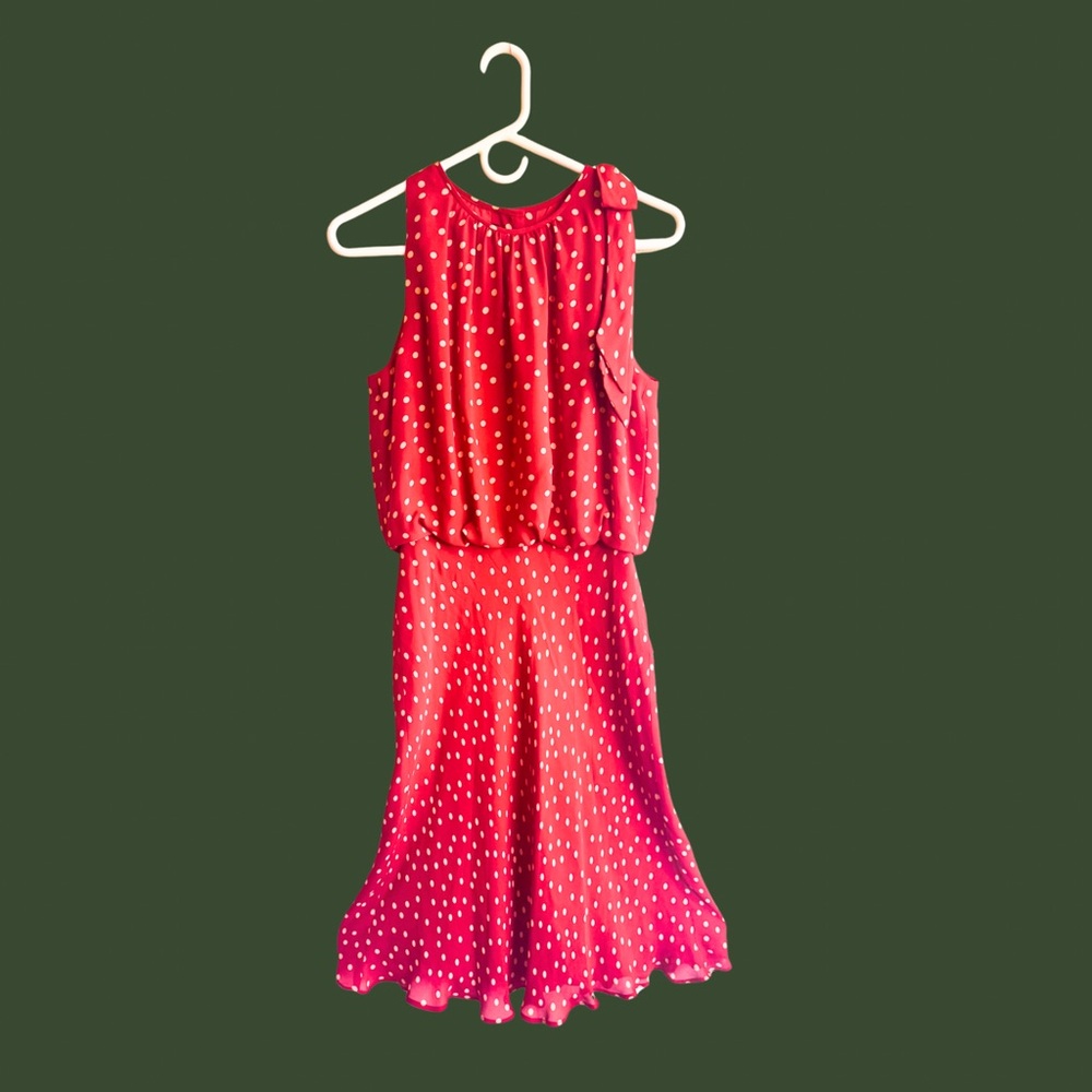 COPYDonna Morgan Red Polka Dot Silk Dress | Sleeveless Ruffle Hem | Size 10
